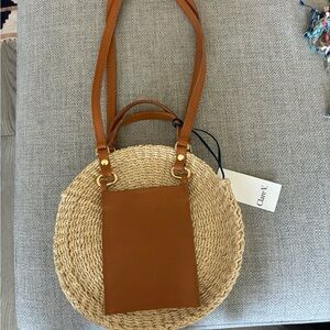 Clare V Beige Woven Tote with Brown Leather